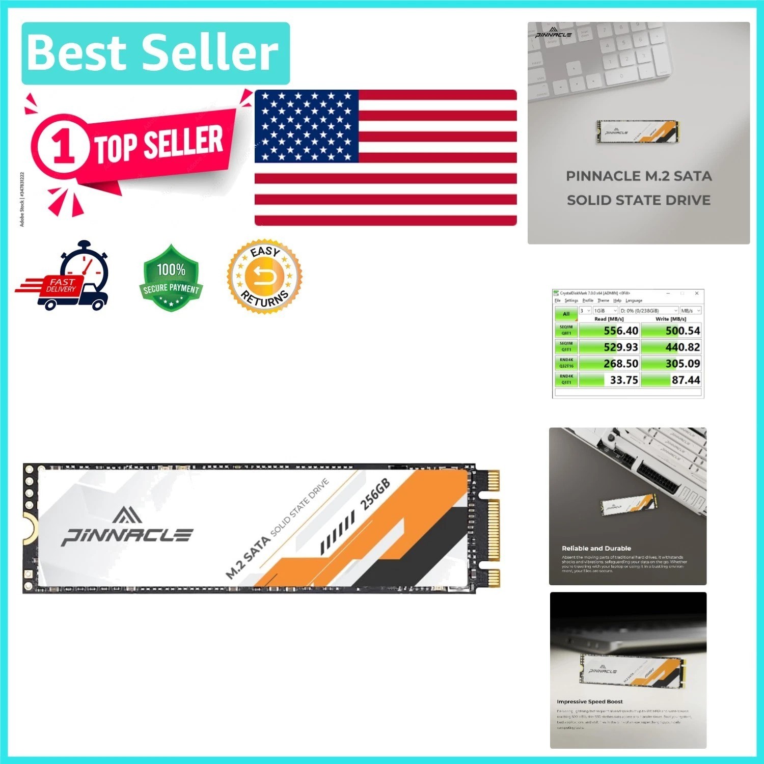 256GB SSD M.2 2280 SATA III 6Gb/s – 550MB/s Read Speed for Faster PC Performance