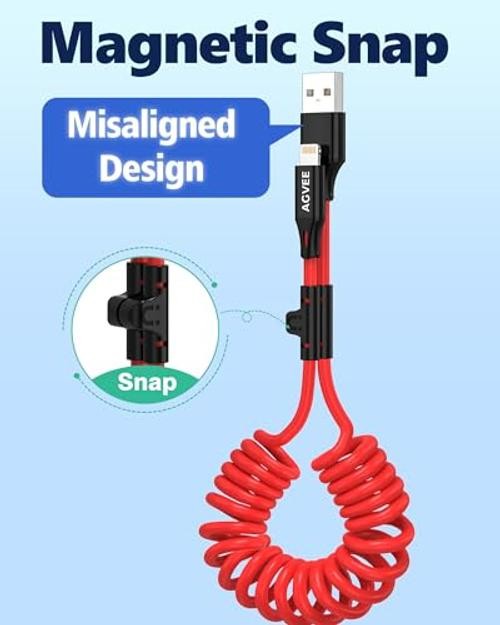 Coiled Short USB to Lightning Charging Cable [MFI 3ft Red A to Lightning