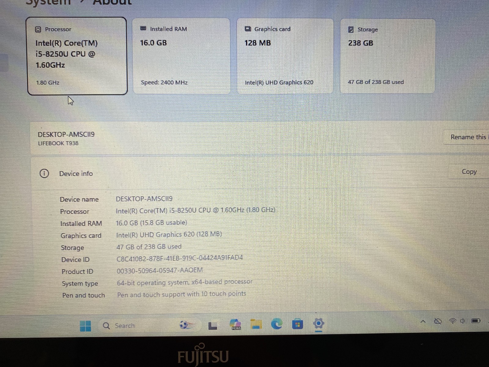 Fujitsu LifeBook T-Series Intel i5-8 gen W-11 Pro 16 GB RAM 256 NVME Touch