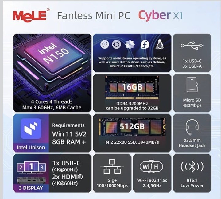 MeLE Cyber X1 Fanless Mini PC N150 (up to 3.6GHz) 16GB LPDDR5 512GB SSD