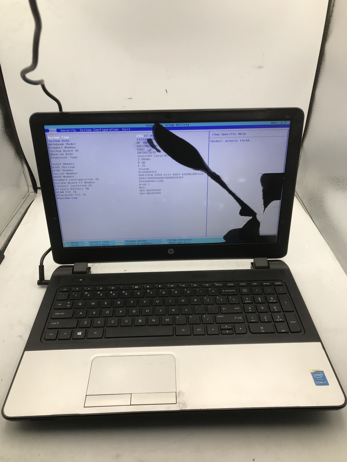 HP 350 G1 NOTEBOOK – BOOTS TO BIOS/BAD LCD – INTEL I7 4TH GEN – NO RAM -READ- BB