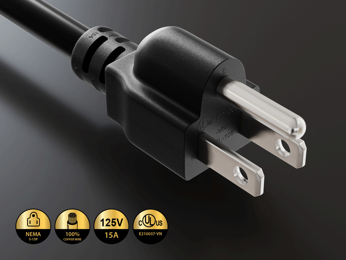 7ft NEMA 5-15P to C15 Heavy Duty Power Cord 14AWG SJT 15A/125V, Black