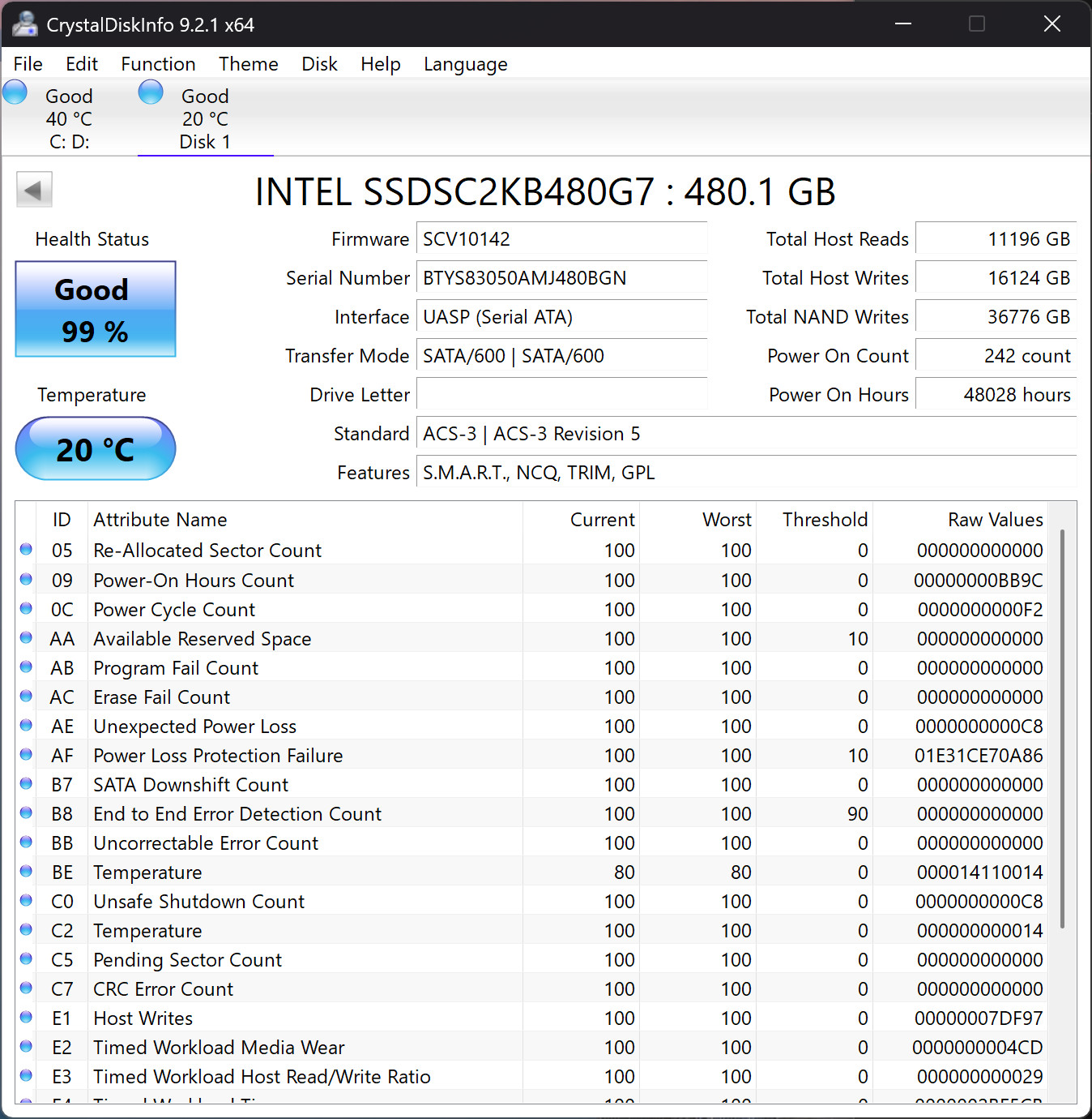 Intel SSD DC S4500 Series 480GB 2.5″ 6Gb/s SATA SSDSC2KB480G7 99% Health