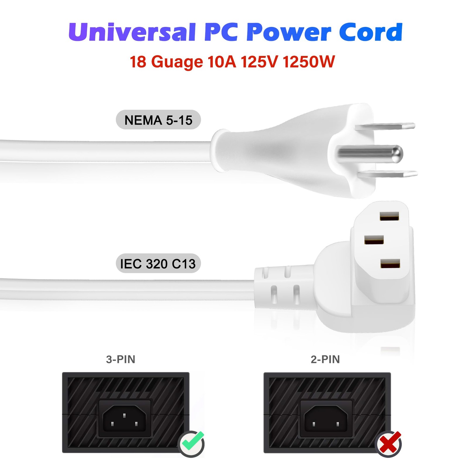 Adoreen 6FT Power Cord White Angled