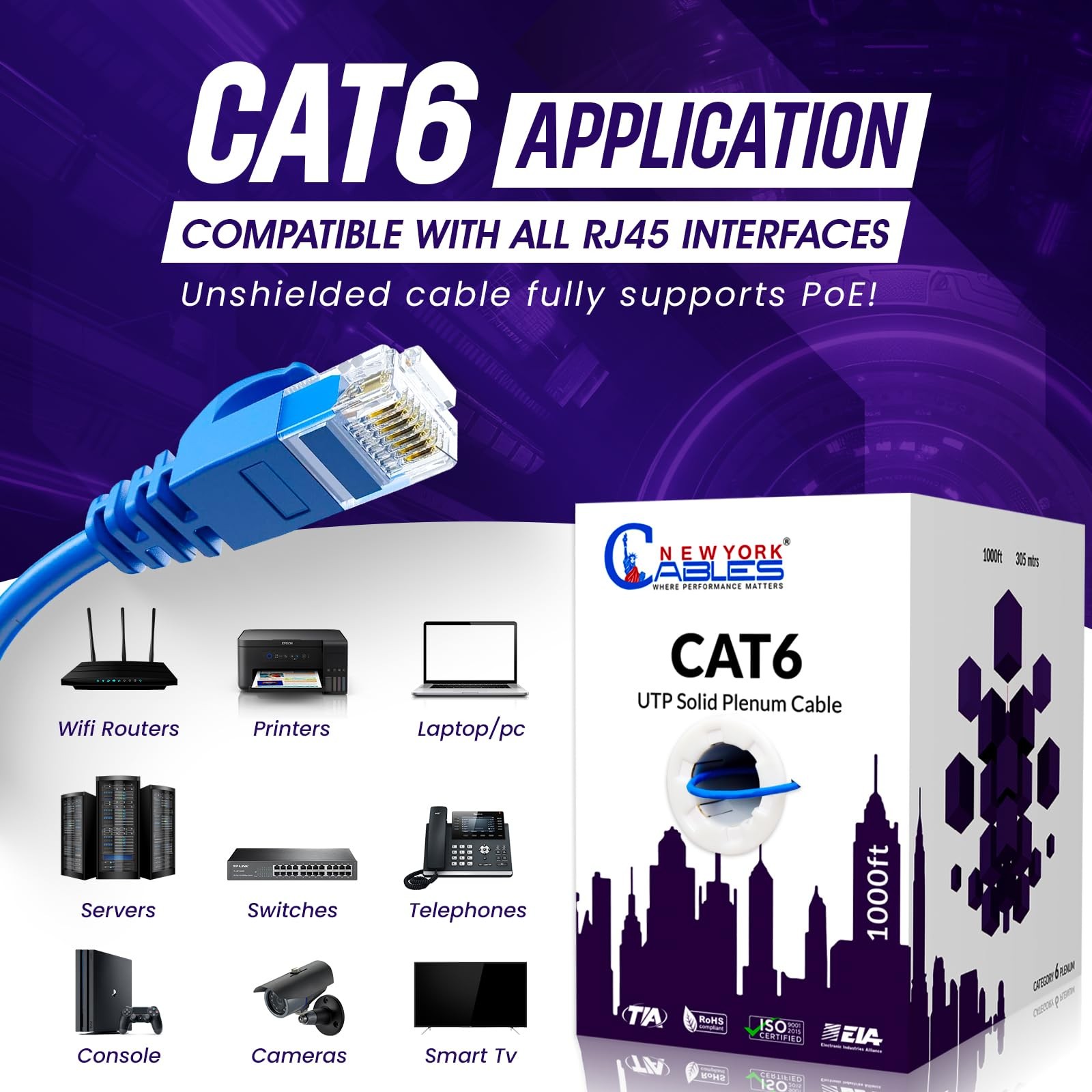 CAT6 Plenum Cable 1000ft | 23AWG, UTP 4Pairs, 550MHz 10Gbps Most Certified (CMP)