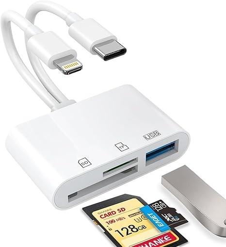 Dual Port TF/SD Card Reader with USB for iPhone, iPad and Android USB-C Phones