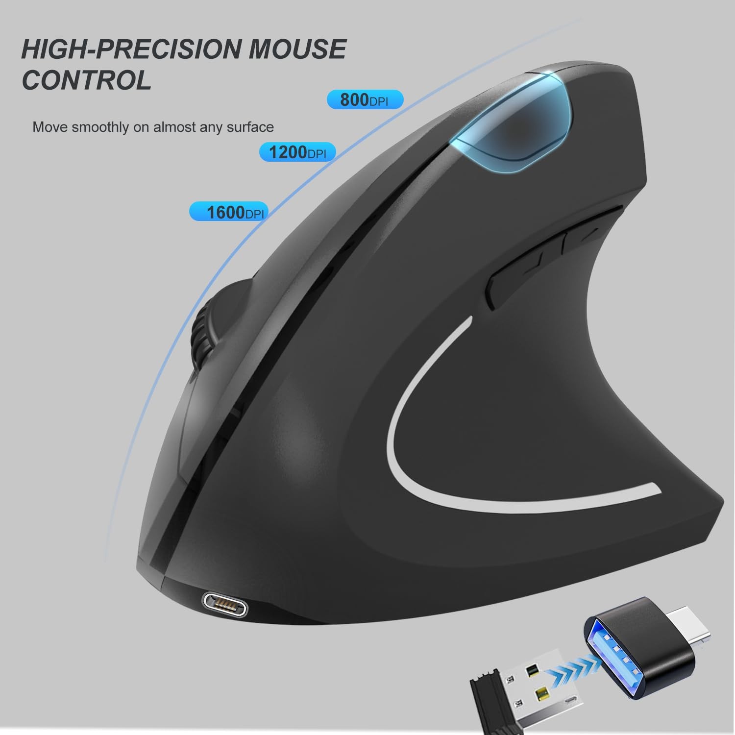 Ergonomic Wireless Vertical Mouse USBA TypeC 800/1200/1600 DPI 2.4GHz Black