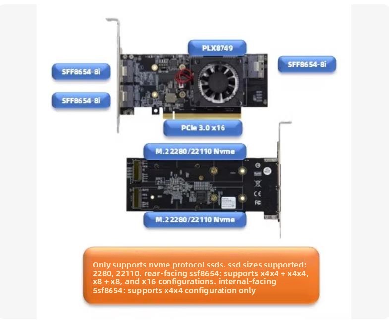 PCIE3.0 X16 Adapter PLX8749 SFF-8654-8I 3 *SFF8654 8I 2*M.2 Nvme FOR ZFS TrueNAS