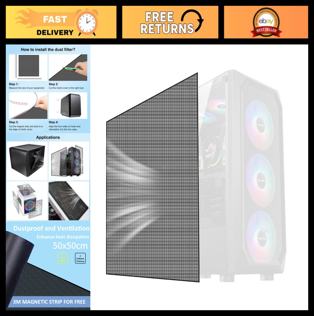 DIY Computer Case Dustproof Mesh Filter Cover 500x500mm with Magnetic Strip – PC
