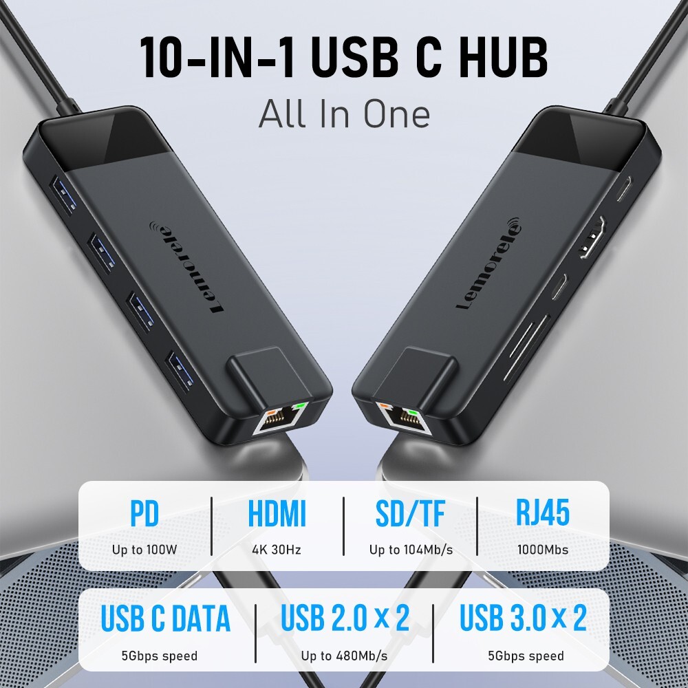Lemorele Hub Adaptador Usb C,4k Hdmi3.0 USB-A Rj45,tp-c100w, suitable for laptop
