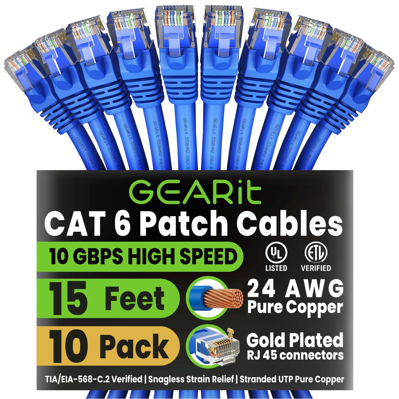 Cat 6 Ethernet Patch Cable 15 ft Blue (10 Pack) – Cat6 Patch Cables 15ft Blue…
