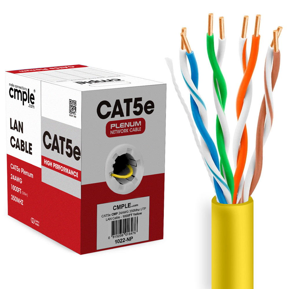 1000ft Cat5e Plenum Ethernet Cable CMP Solid 24AWG UTP Fast Install Yellow