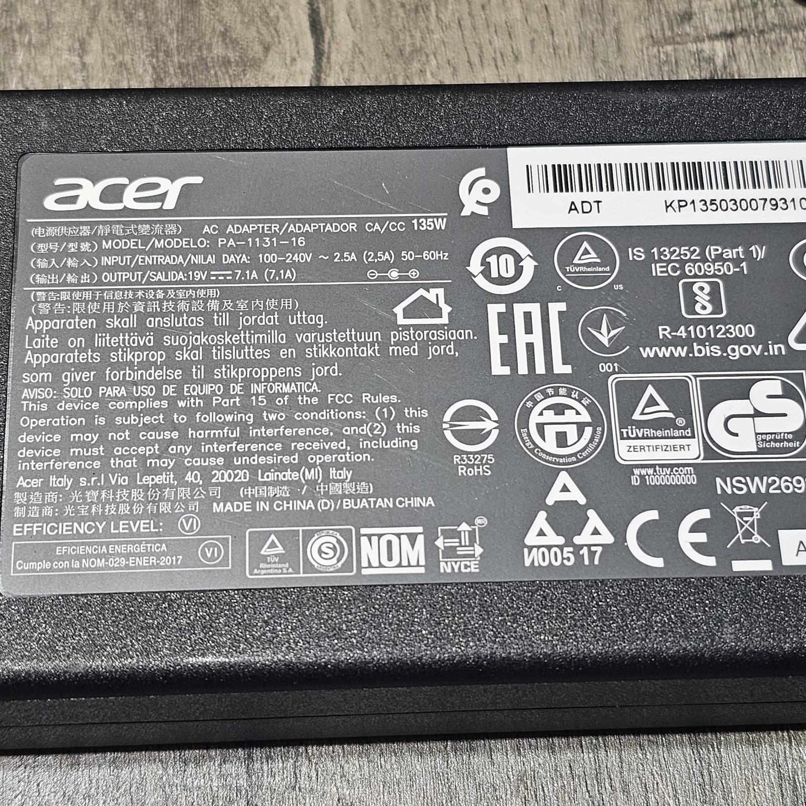 Acer PA-1131-16 19V 7.1A AC Adapter Cable 1 Pc