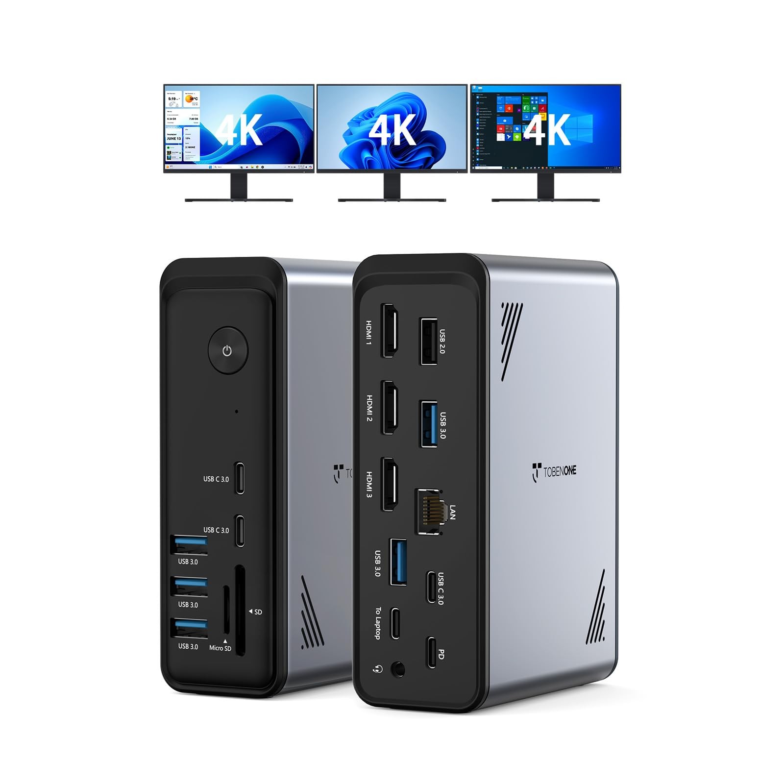 18 in 1 Laptop Docking Station 3 Monitors, Triple 4K Display with 3 HDMI, 9 U…
