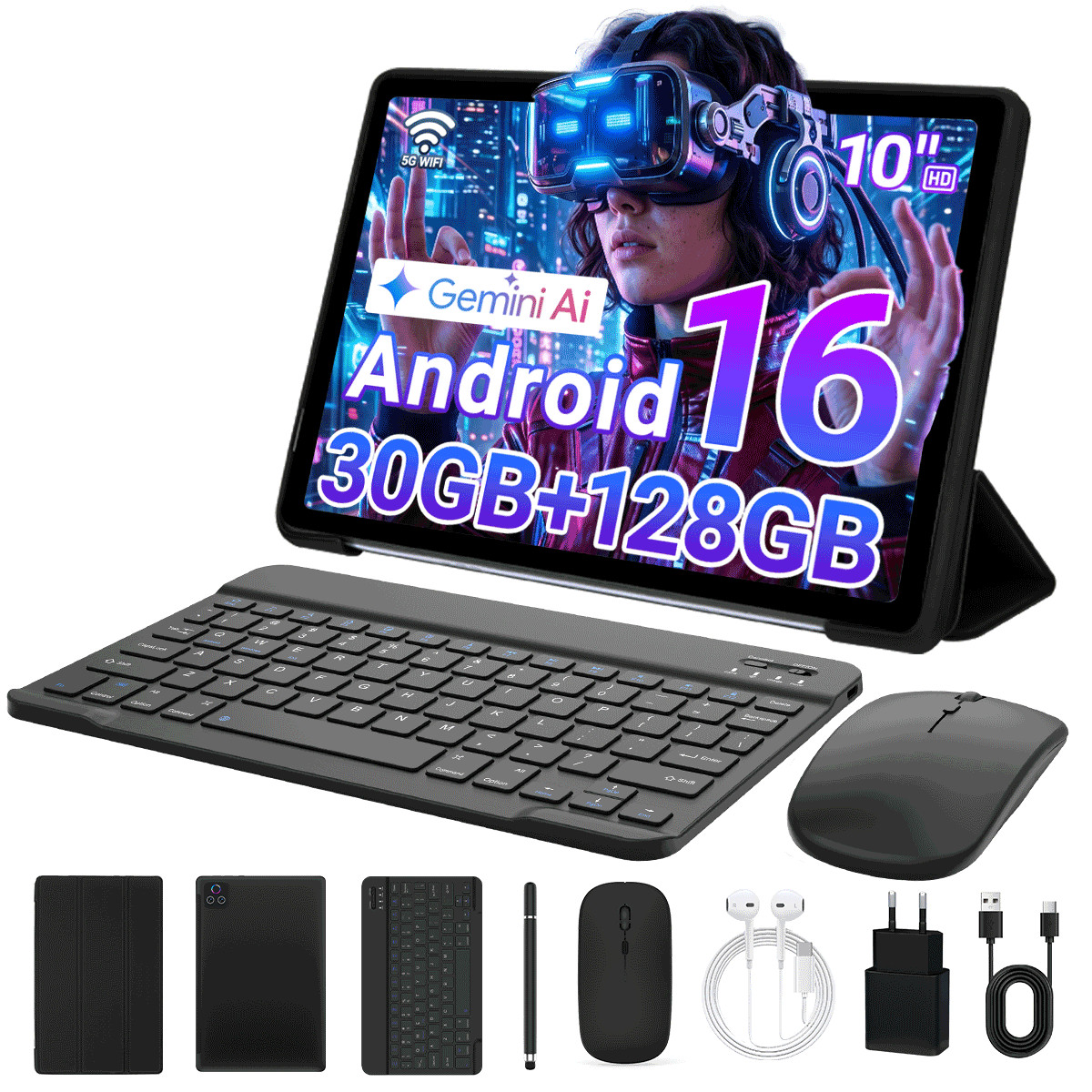 Android 16 30(12+18)GB RAM ＆ 128GB ROM 10.1 inch Tablet WIFI Built-in Gemini