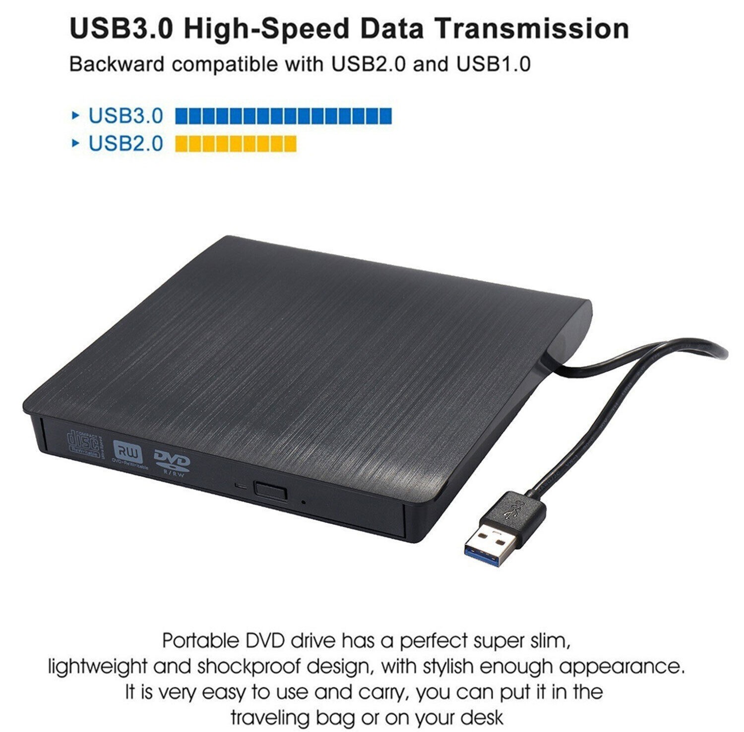 Slim External CD DVD RW Drive USB 3.0 Writer Burner Player Black For Laptop PCS