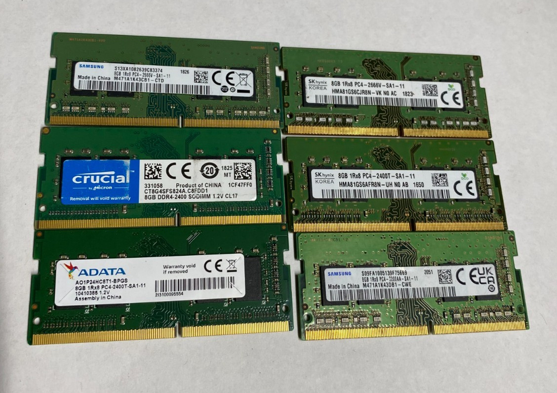 Lot Of 6x 8GB PC4 Mixed brand/speeds Laptop Ram Tested