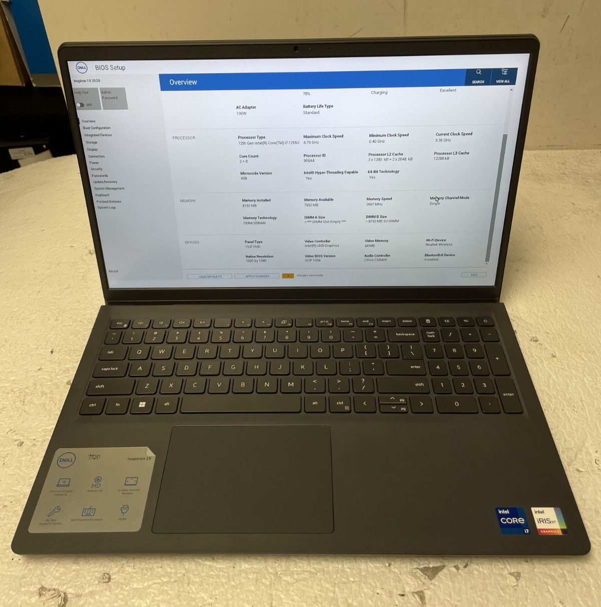 Dell Inspiron 15 3520 Intel i7-1255U @3.36GHz 8GB RAM NO SSD For Parts