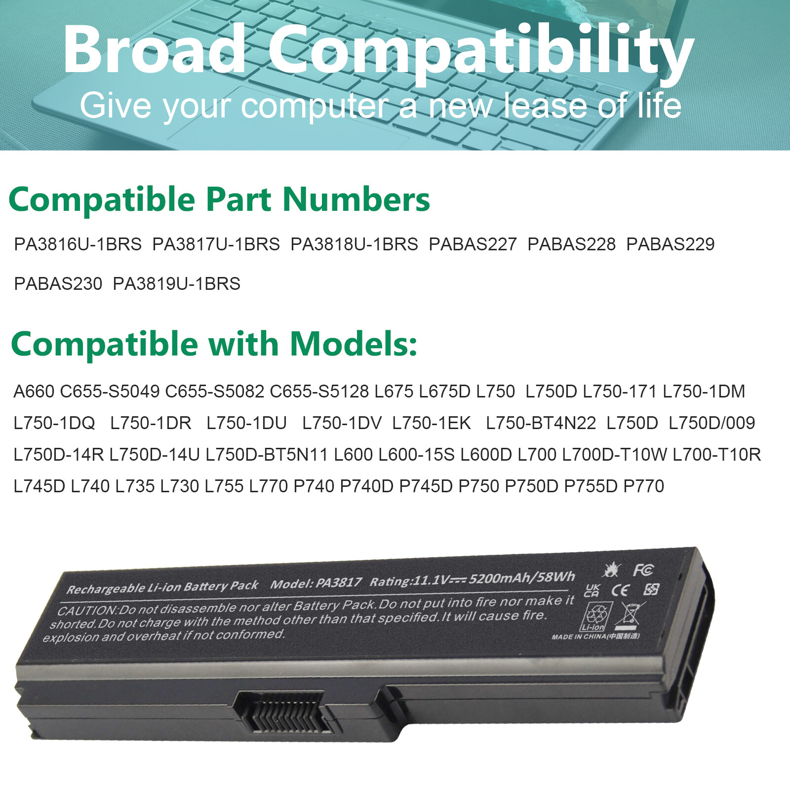 🧡LOT 100X PA3819U Battery for Toshiba A660 C655 PA3816U PA3817U PA3819U 5200mAh