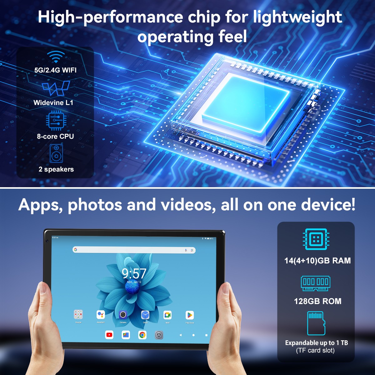 10.1 inch Android 15 Tablets HD Touchscreen Octa-Core 20GB RAM+128GB Dual Camera