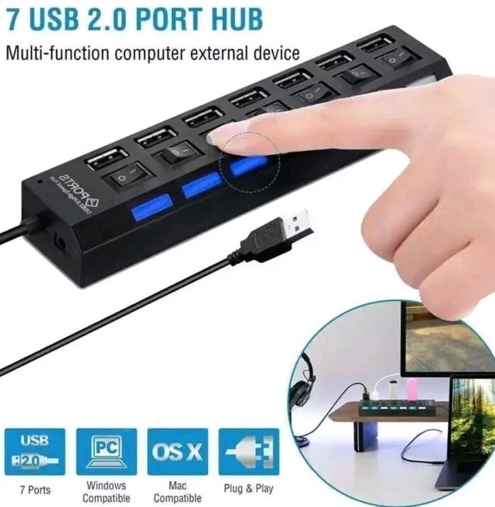 7 Port USB 2.0 / 3.0 Hub Splitter Adapter High Speed for PC Laptop Mac Desktop