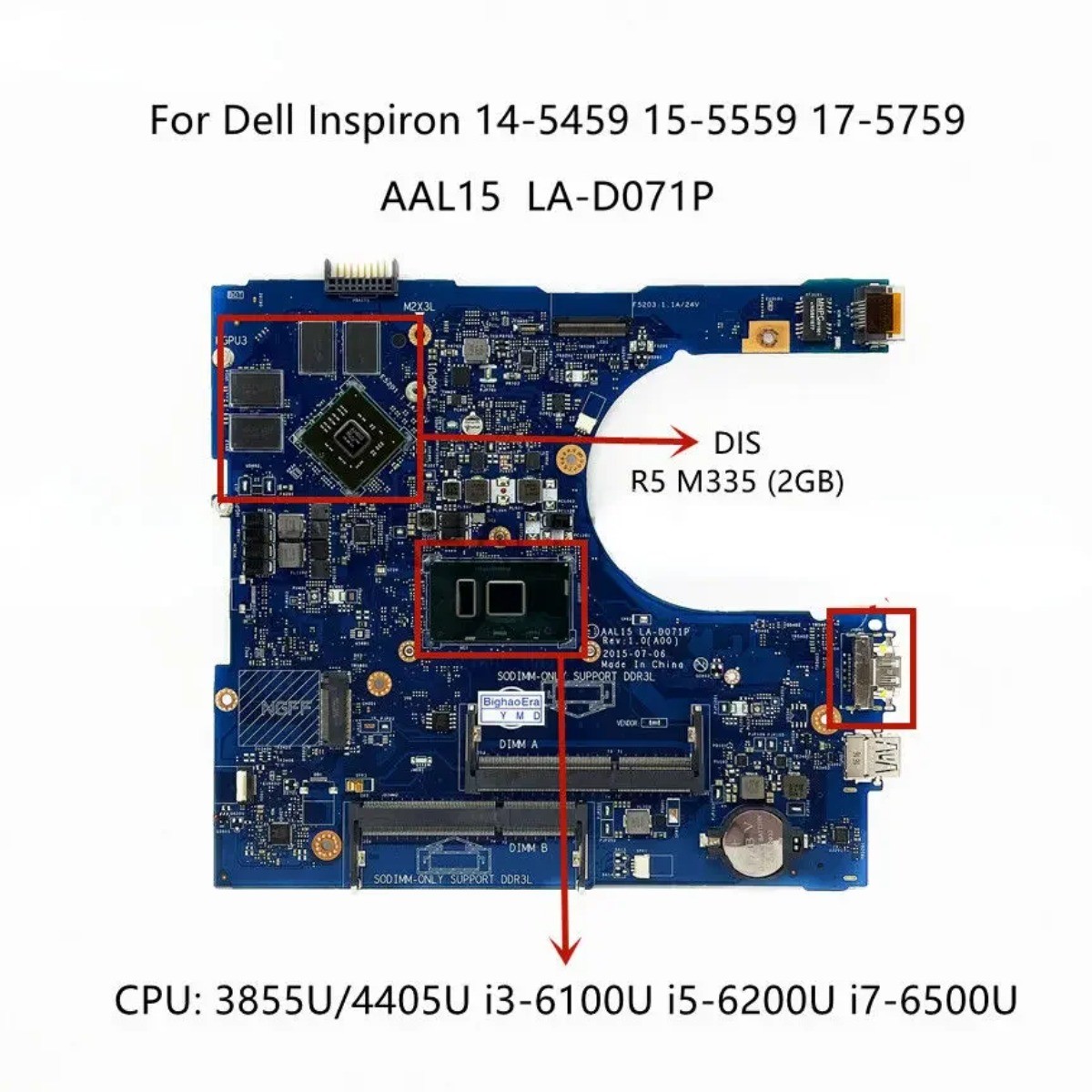 LA-D071P For Dell Inspiron 5459 5559 5759 Motherboard i3 i5 i7-6500U CPU R5 M335