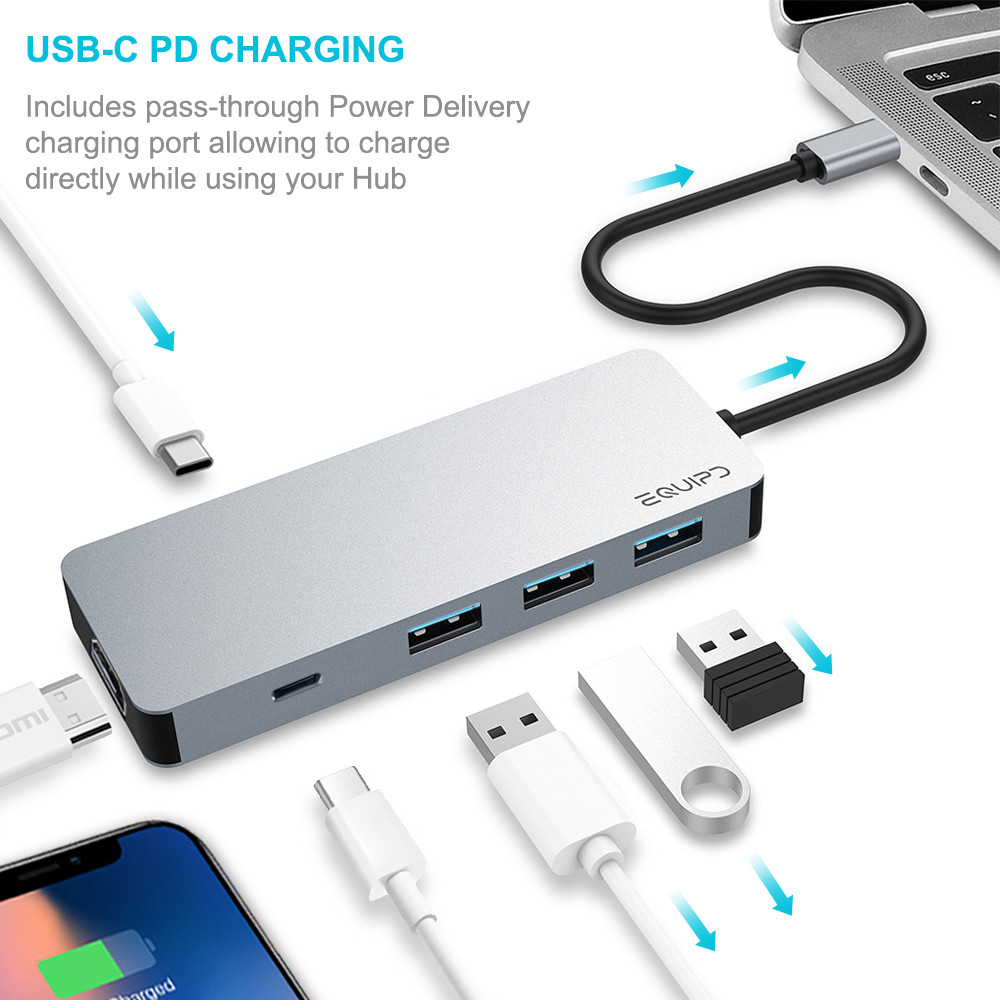 EQUIPD USB C HUB Type-C Adapter 4K HDMI USB 3.0 Charging for Macbook Pro & More