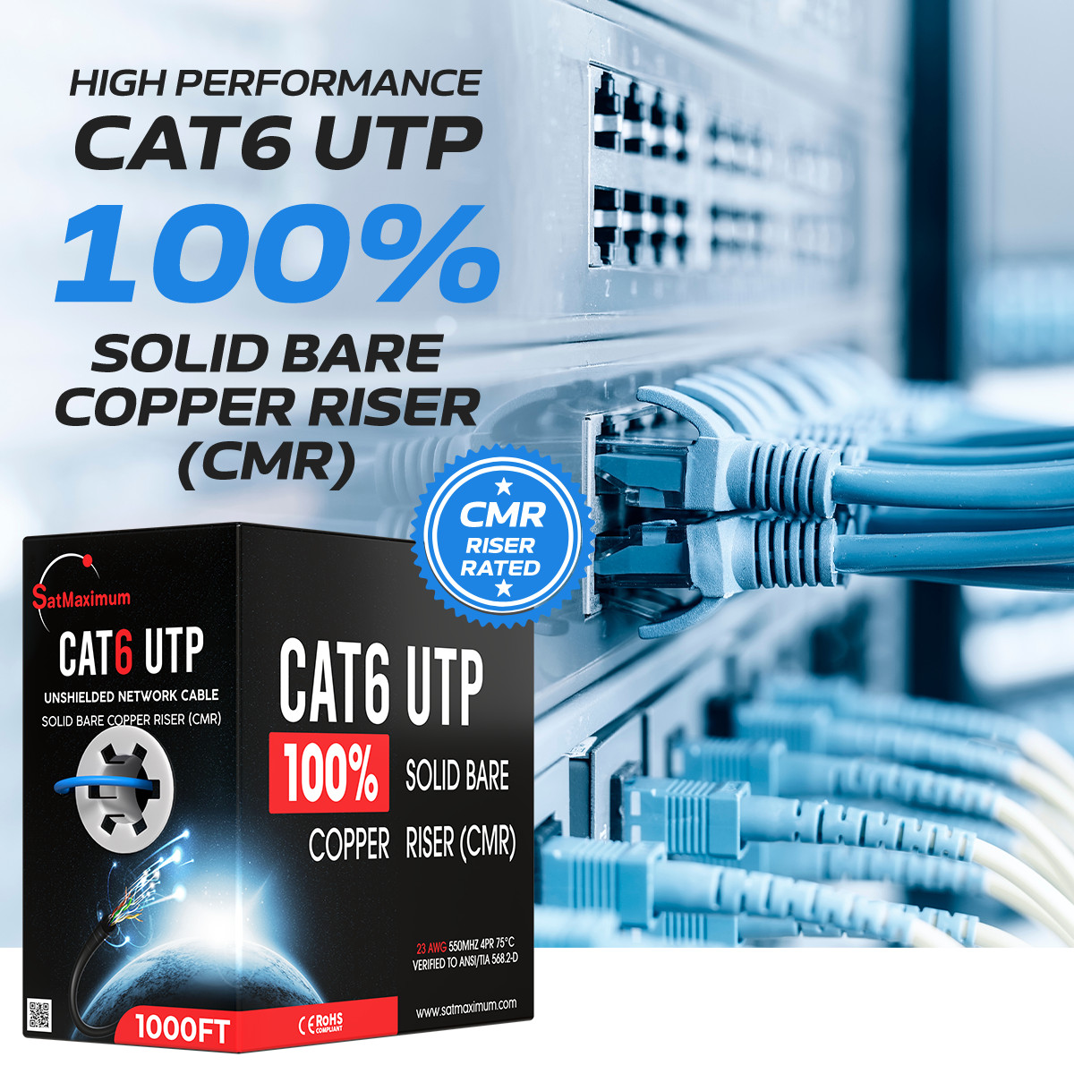 500FT Blue CAT6 ETL CMR Ethernet Cable 23AWG UTP 550Mhz Solid Bare Copper Wire