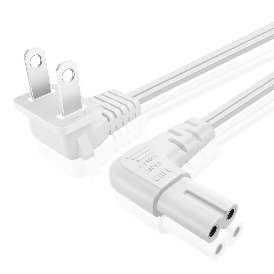 2 Prong Power Cord NEMA 1-15P to IEC320 C7 Right Angle Power Cable, 10ft, White