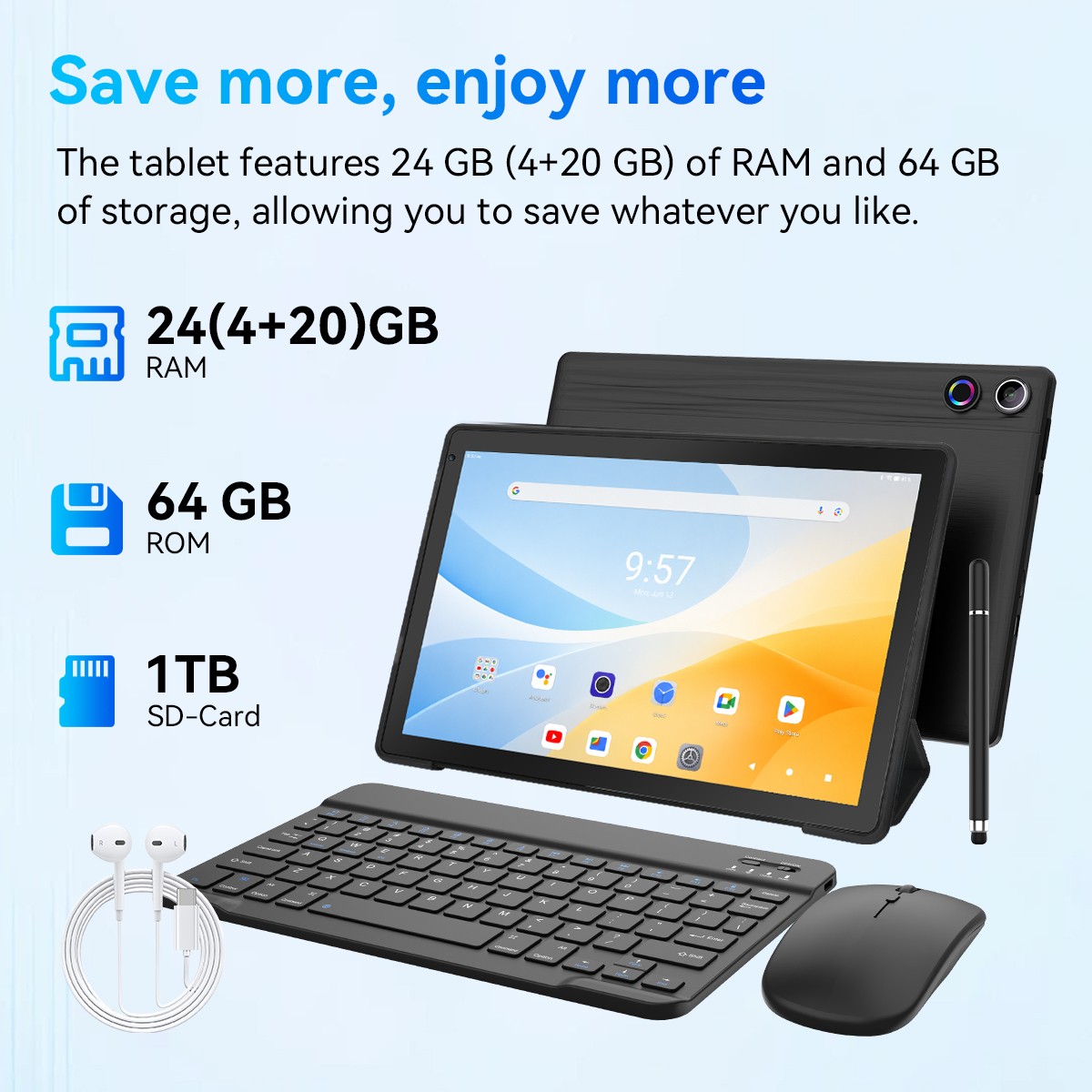 2026 Newest Android 16 Tablet 64GB With KB Set Face ID 10.1″ IPS Wifi 6 PC Mode