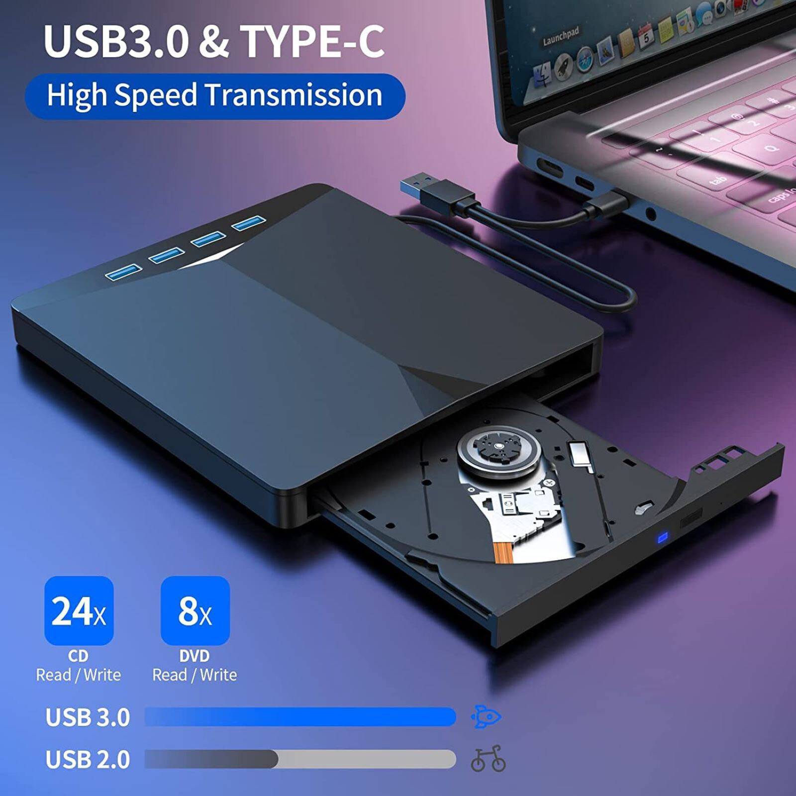 New Plug-and-Play External CD DVD Drive PC Laptop Burner Reader Writer USB 3.0