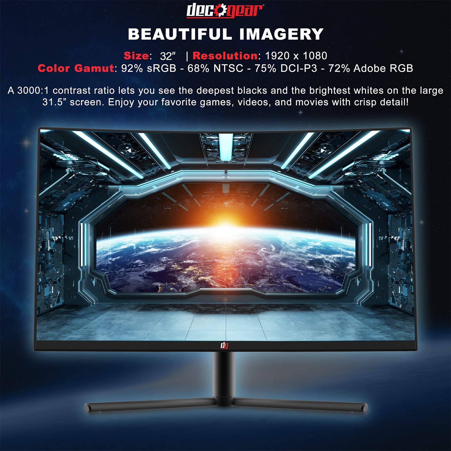 Deco Gear 32″ Curved Gaming Monitor 1920×1080 3000:1 Contrast Ratio, 75 Hz, 6 ms