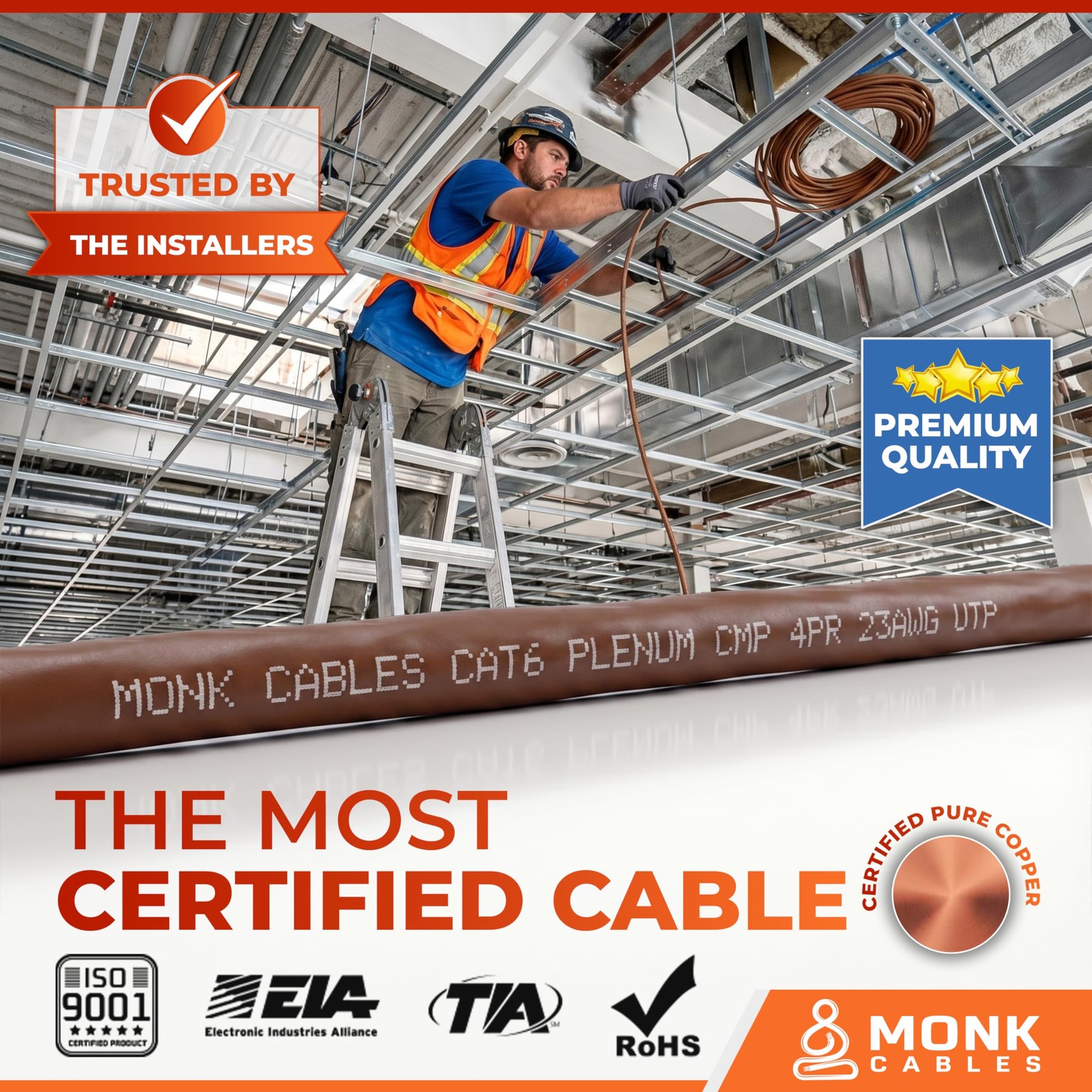 MONK CABLES | CAT 6 Ethernet Cable 1000ft | 100% Pure Bare 1000ft, Brown