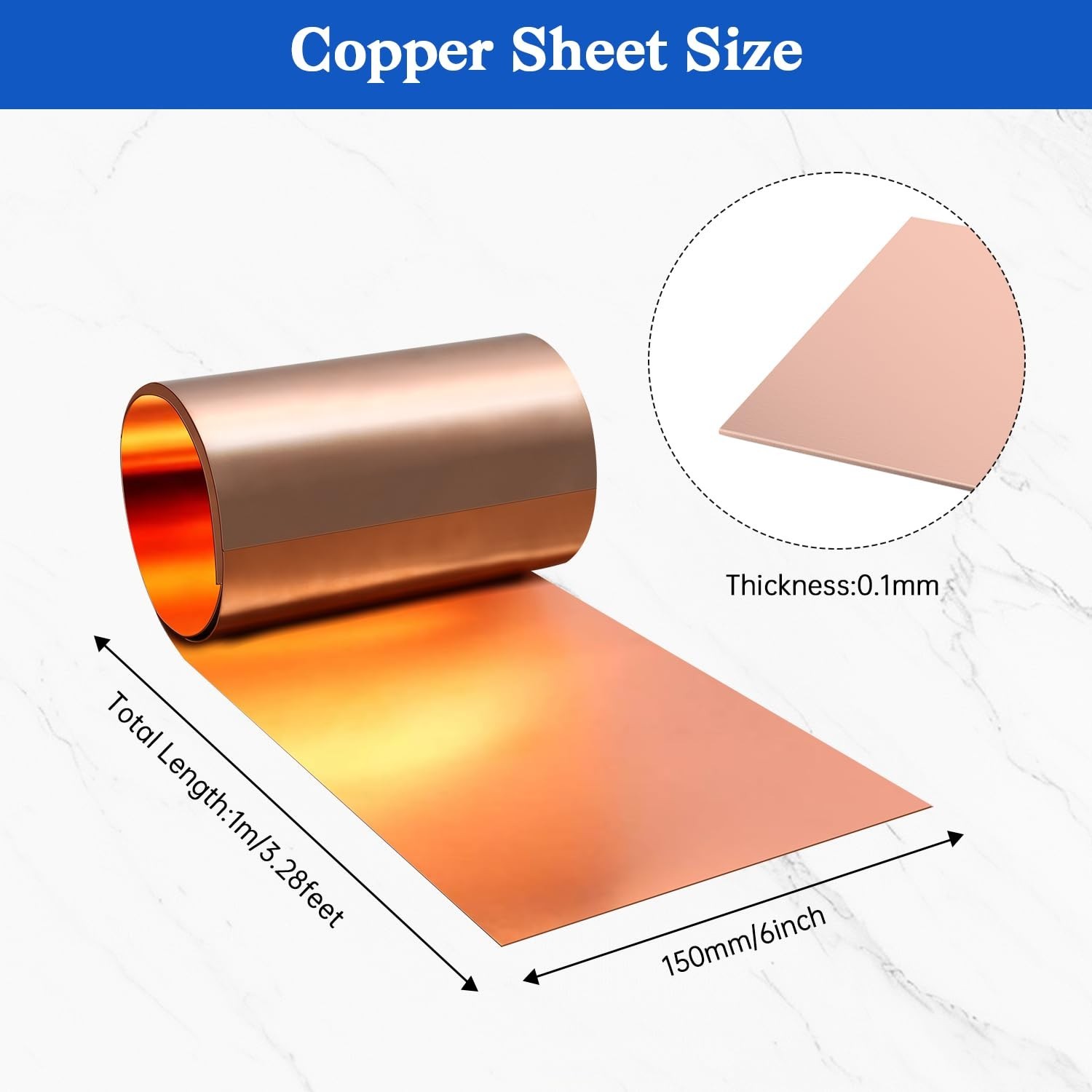 Pure Copper Foil Roll, 0.1mm Thickness x 150mm Width x 1M Length, 99.9% Coppe…