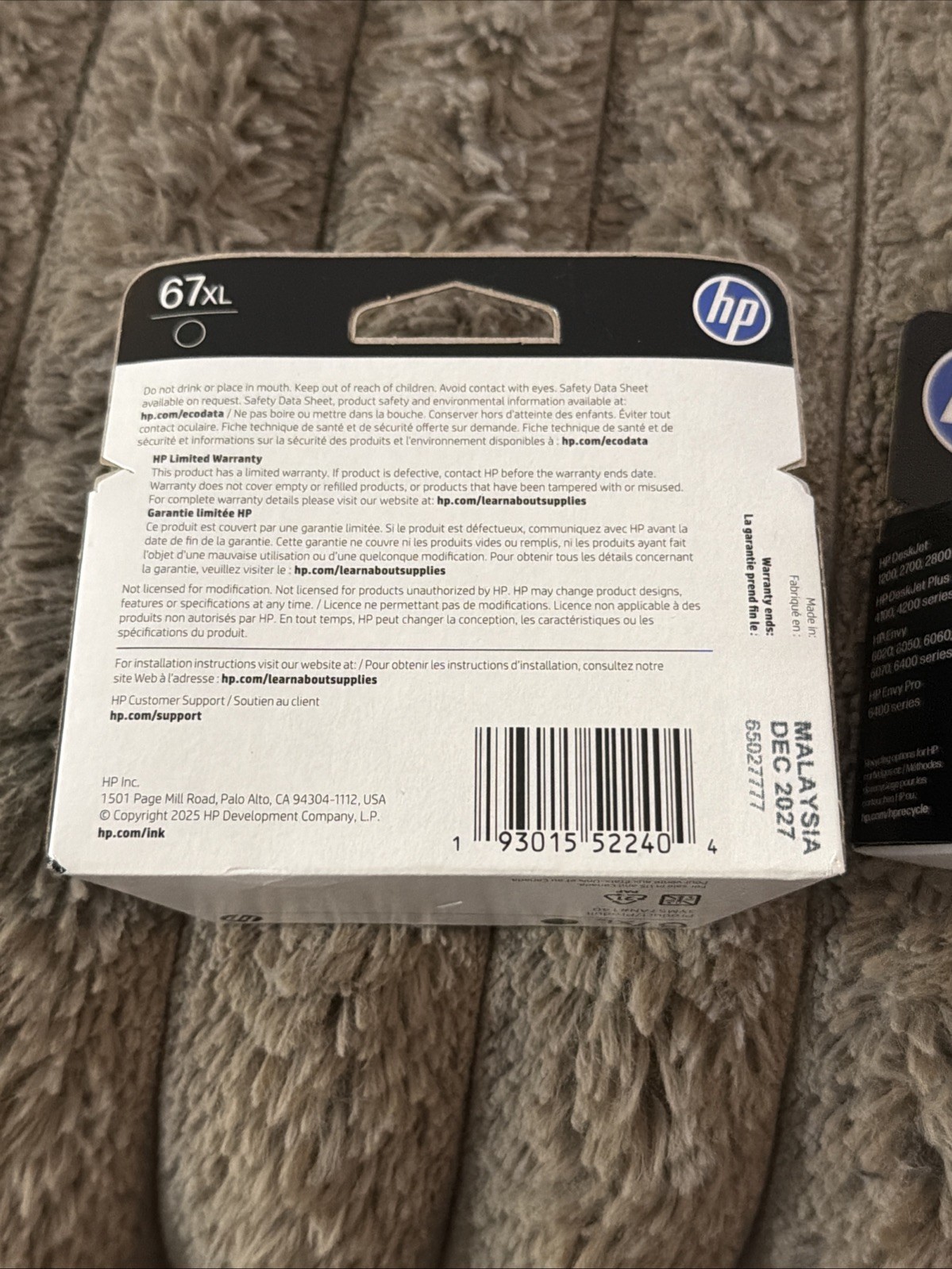 Lot Of 2 – Genuine HP 67XL High Yield Black Ink Cartridge Exp 12/27