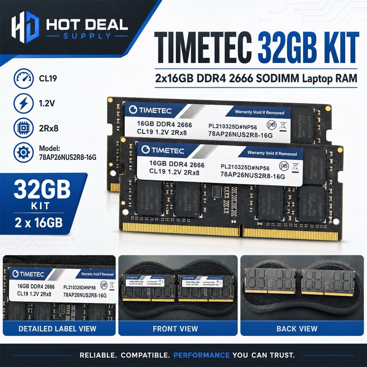 Timetec 32GB Kit (2x16GB) DDR4 2666MHz PC4-21300 CL19 Laptop RAM SO-DIMM