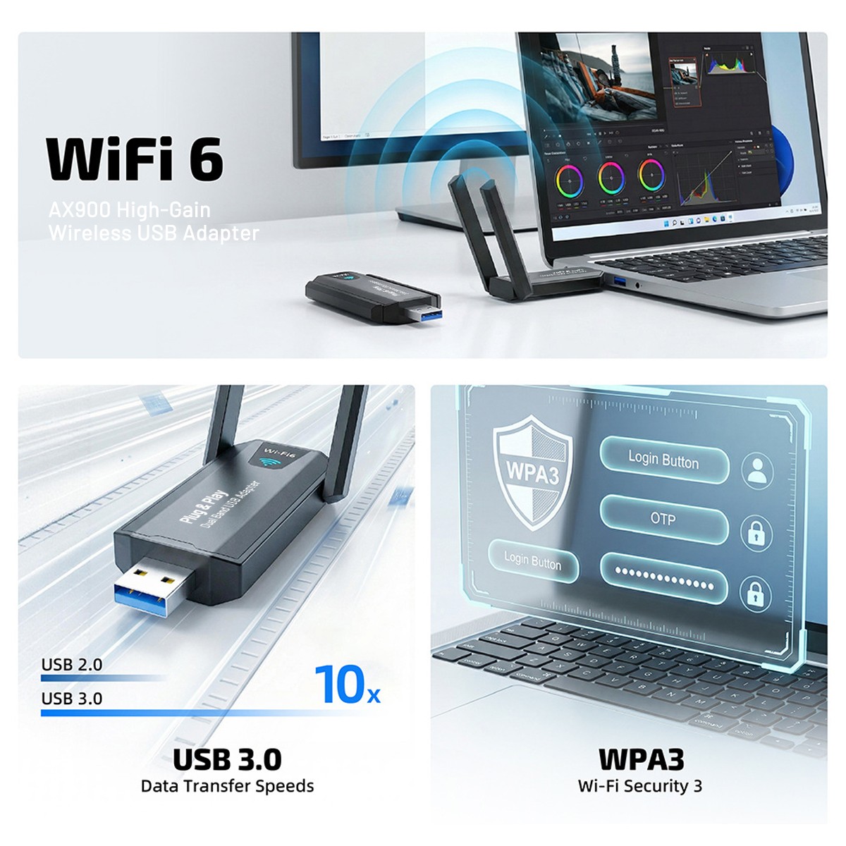 Wireless USB WiFi 6 Adapter, 802.11ax 900Mbps Dual Band 2.4G/5Ghz Network Dongle
