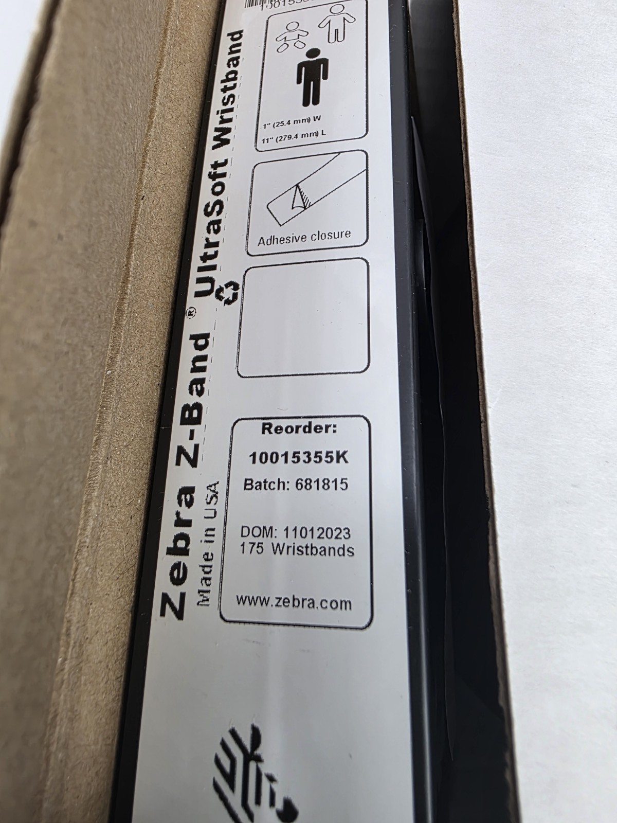 (1) Zebra Z-Band 1″ X 11″ Ultrasoft Wristband Single Cartridge10015355K- White