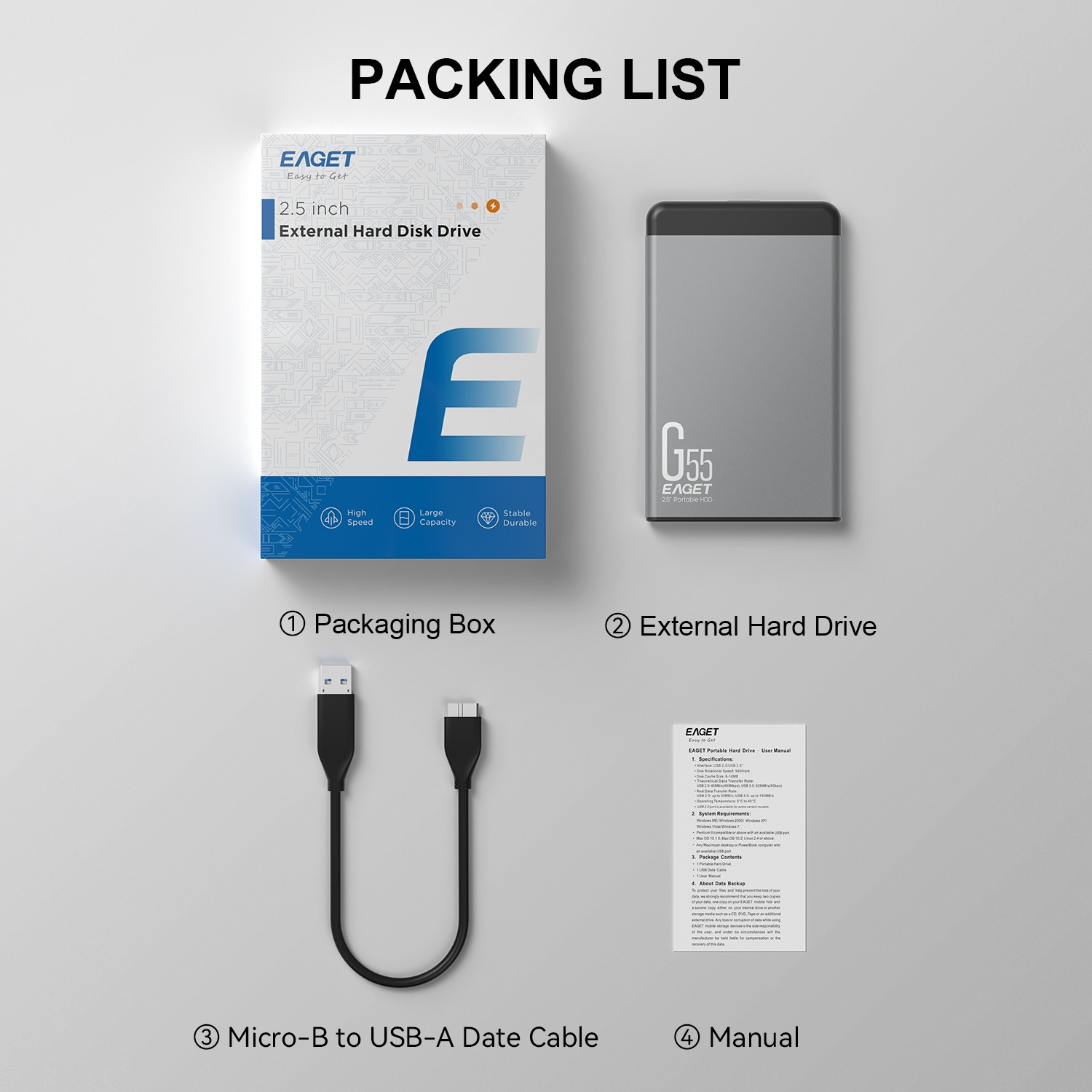 EAGET G55 500GB/1TB/2TB 2.5″ Portable External Hard Drive HDD-USB 3.0 for PC Mac