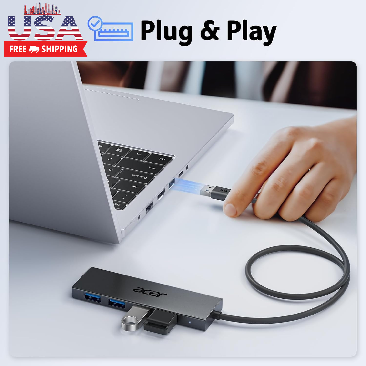Acer USB Hub 4 Ports, Multiple USB 3.0 Hub, USBA Splitter for Laptop with Type C
