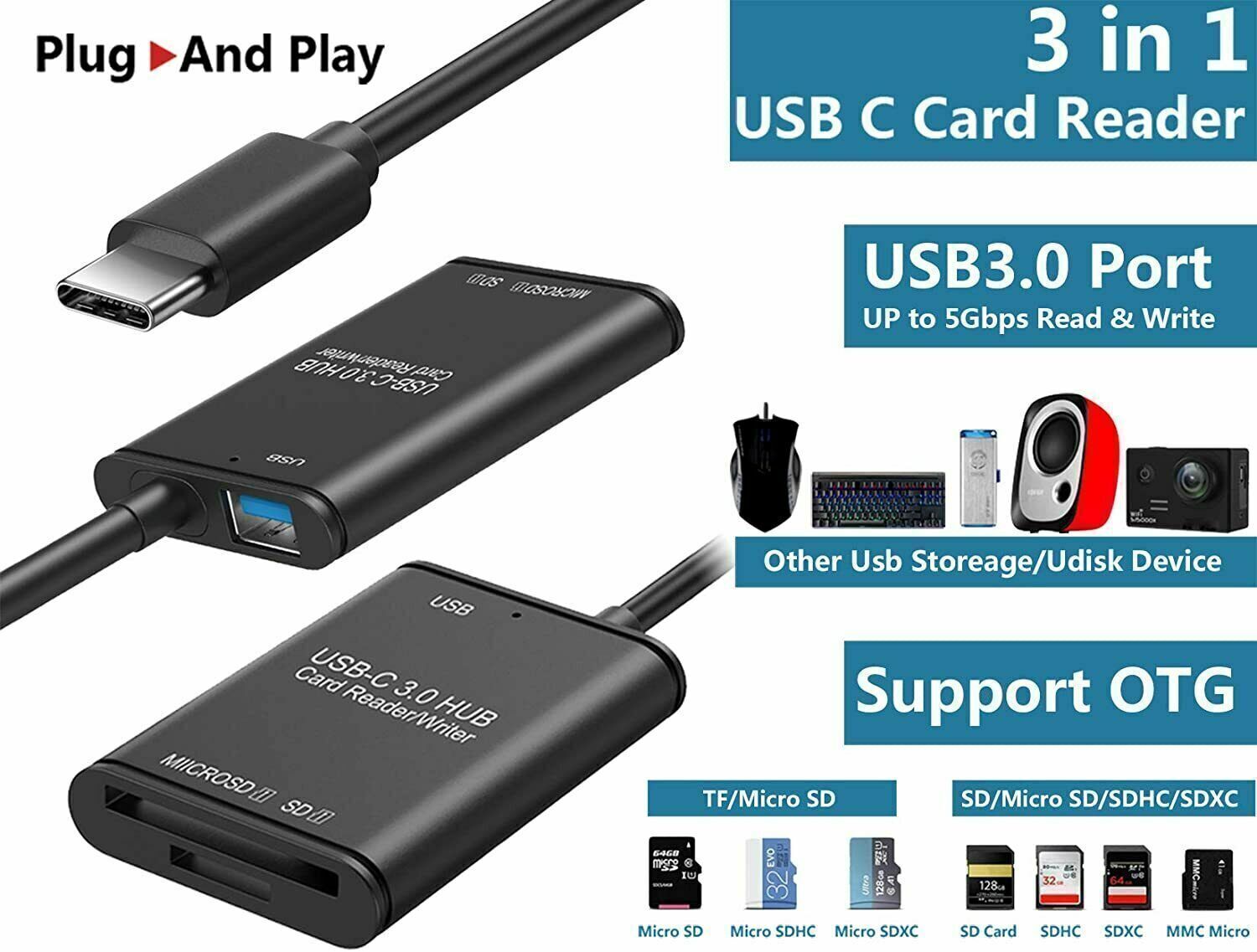 USB C to SD Card Reader/Writer/OTG Adapter USB3.0 for MacBook Camera Android USA