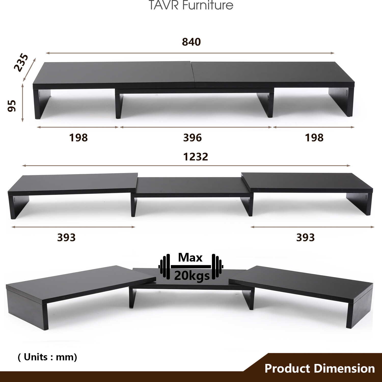 Black Wooden Dual Monitor Stand Risers with Length and Angle Adjustable 3 Shelf