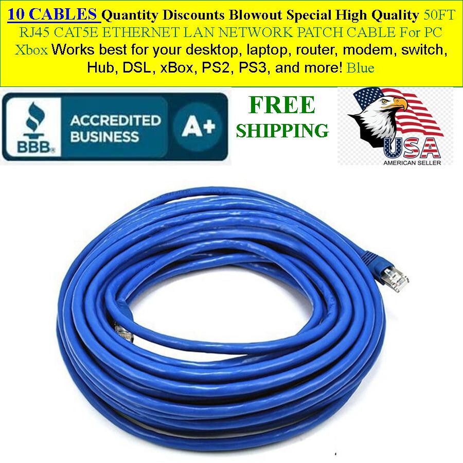 10 CABLES 50FT RJ45 CAT5E ETHERNET LAN NETWORK PATCH CABLE For PC, Xbox PS2 PS3
