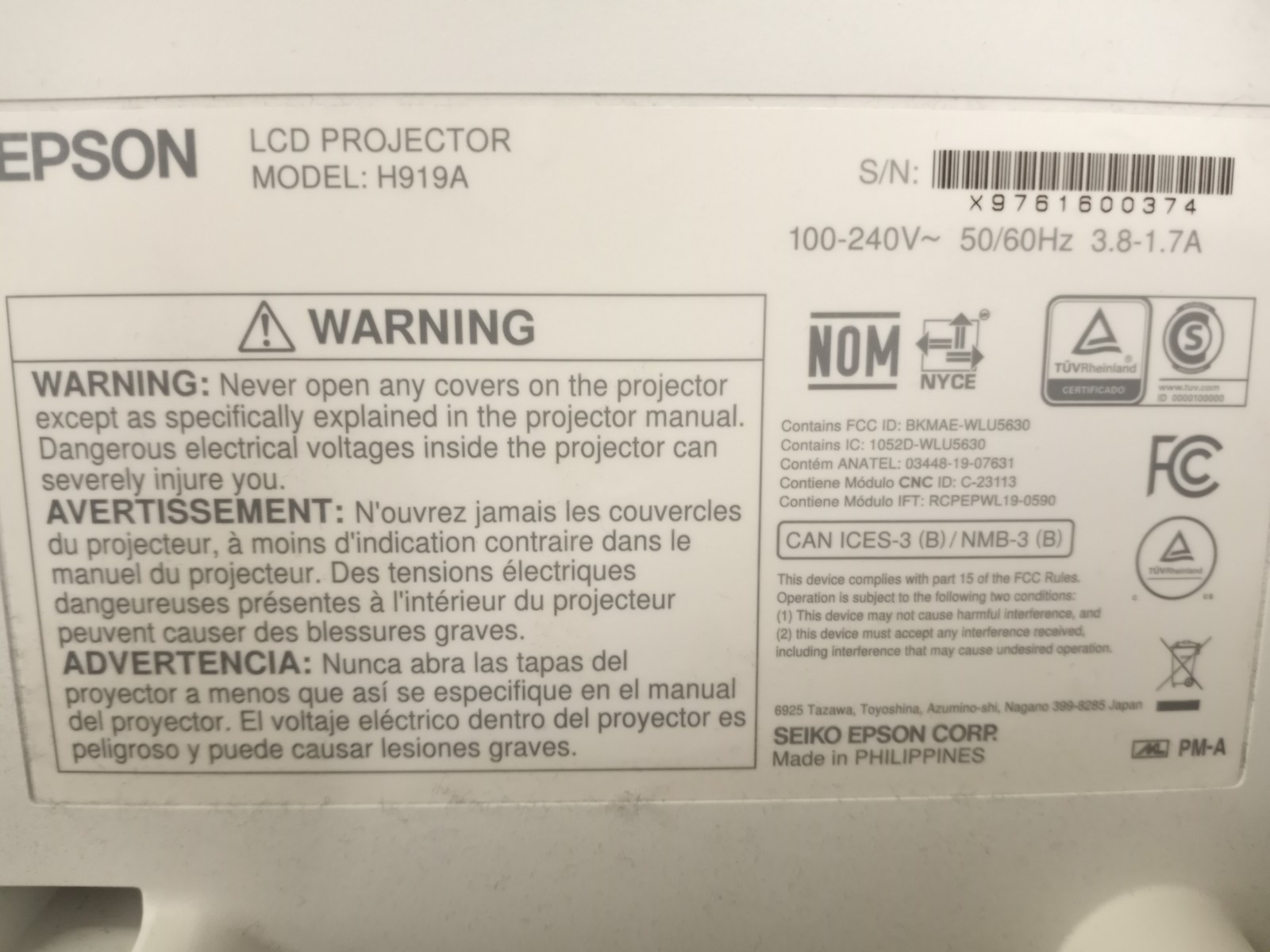 Epson BrightLink 1485Fi H919A 5000 Lumen Ultra Short Throw 3LCD Laser PARTS