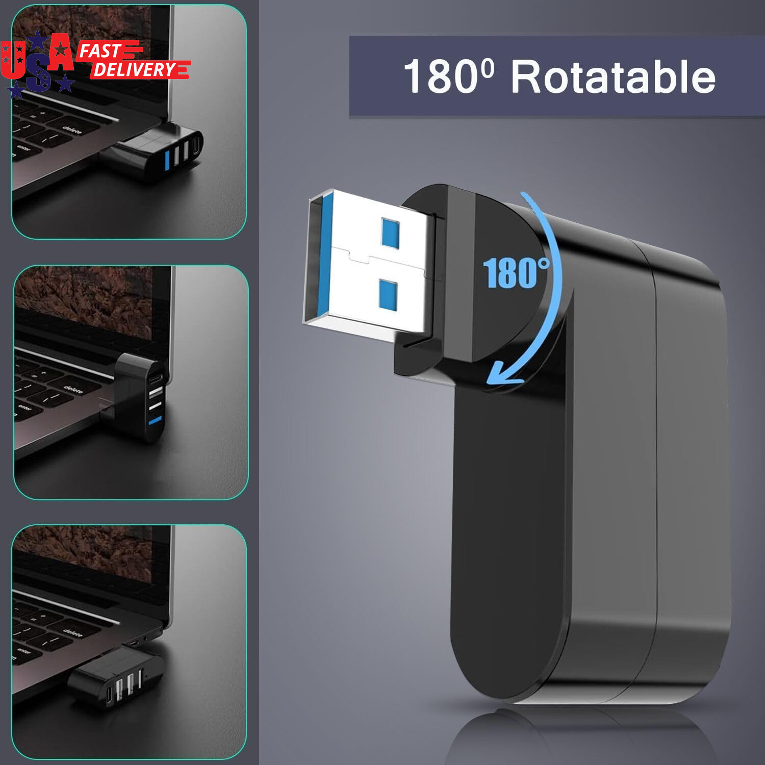 4-Port USB 3.0 Hub Rotating 90/180 Degree USB Splitter w/ USB-C Power Input, 5Gb