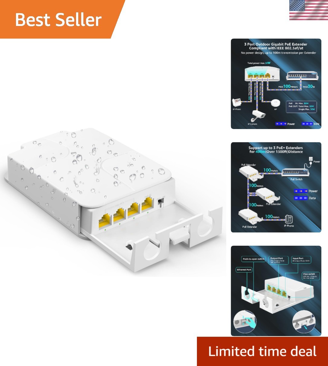 Reliable 1 in 3 Out PoE Extender for Outdoor Use – Up to 1000Mbps Speed