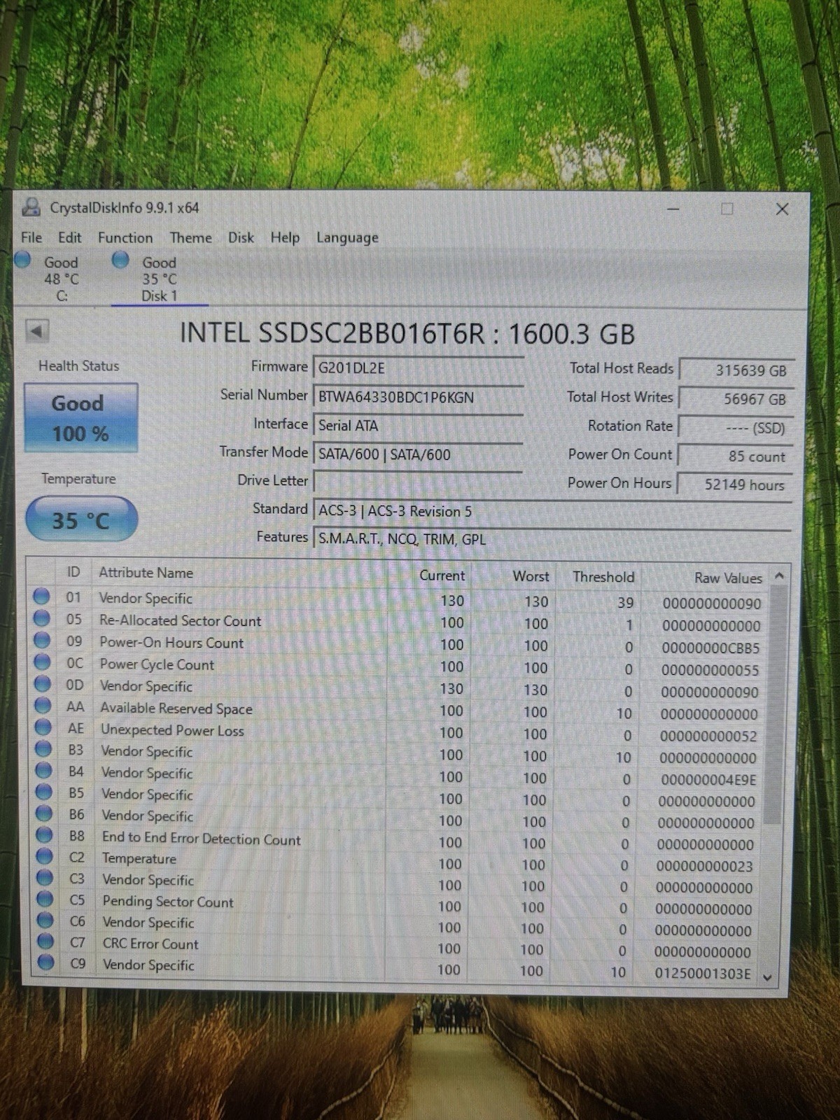 Good heath- 100% Intel S3510 1.6TB,Internal,2.5 inch (SSDSC2BB016T)SSD