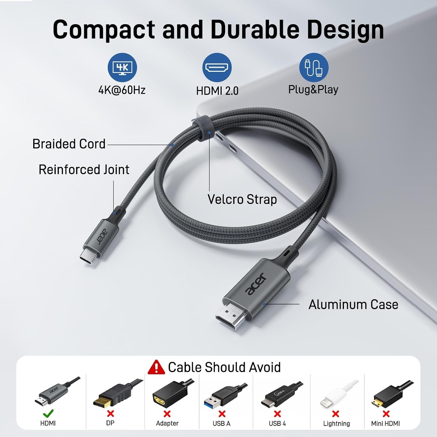 Acer USB C To HDMI Cable For Home Office 6.6FT (4K@60Hz),High-Speed Type C To H