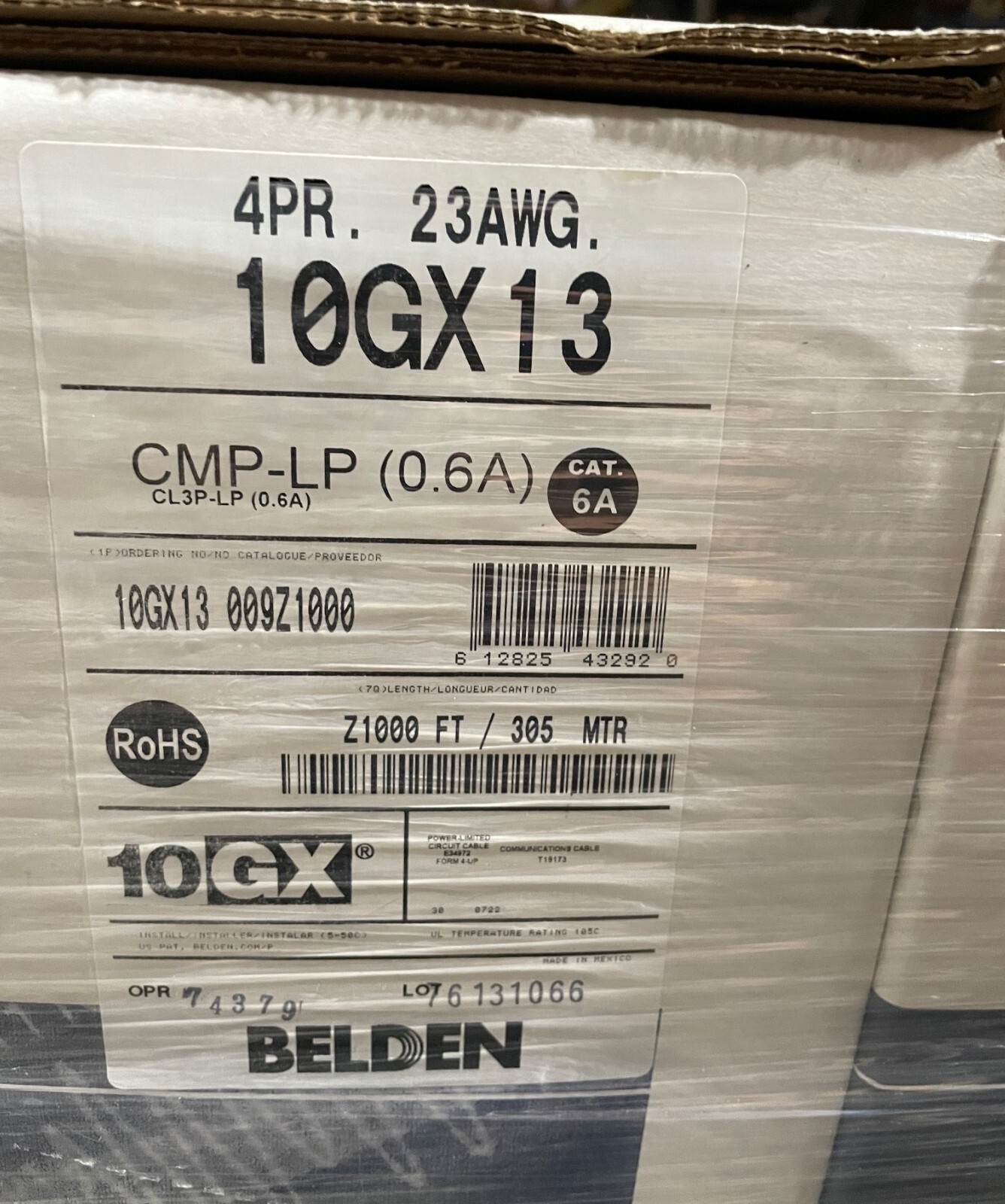 BELDEN 10GX13-009 PLENUM CAT6A 10GX ETHERNET CABLE, CMP, U/UTP, WHITE, 1000-FEET