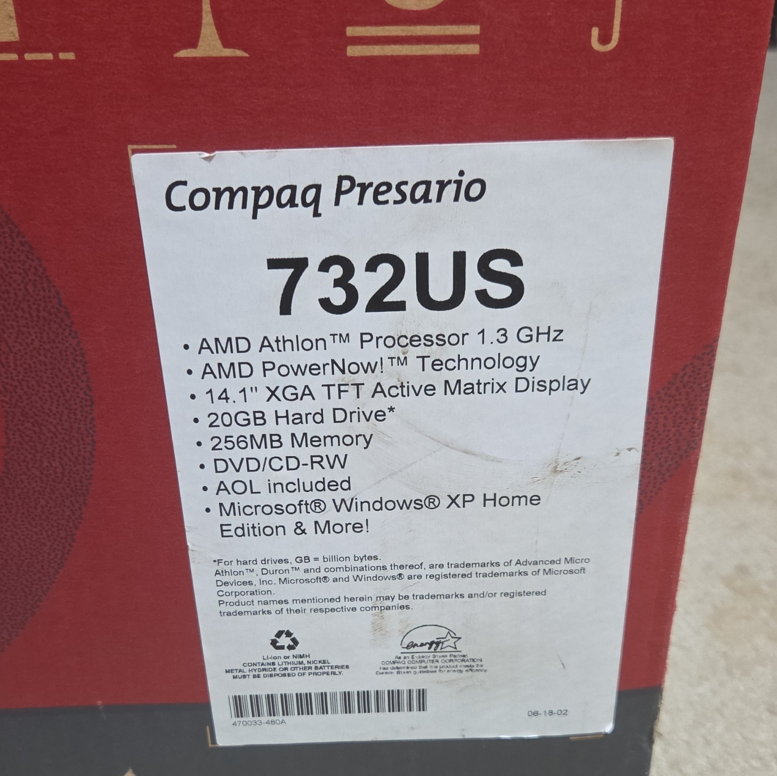 Compaq Presario 732US UNTESTED 14.1in AMD Athlon 1.3GHz 256MB 20GB DVD/CD-RW